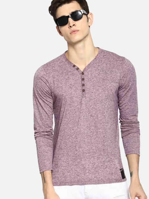 

SINGLE Men Mauve Solid V-Neck T-shirt