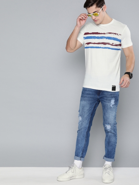 

SINGLE Men White & Blue Striped Round Neck T-shirt