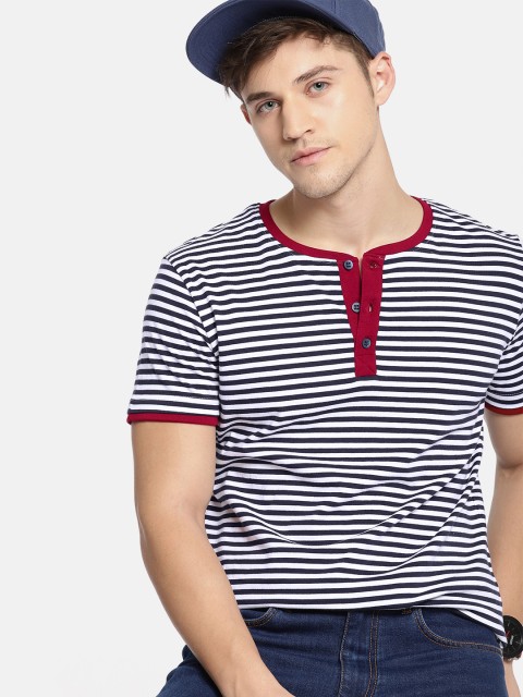

SINGLE Men Navy Blue & White Striped Henley Neck T-shirt