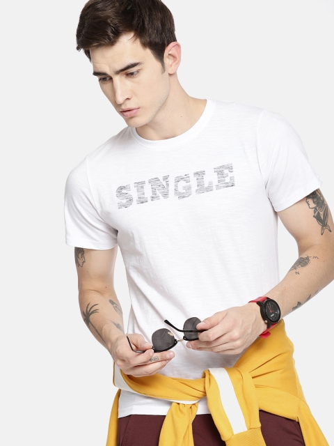 

SINGLE Men White Printed Round Neck T-shirt