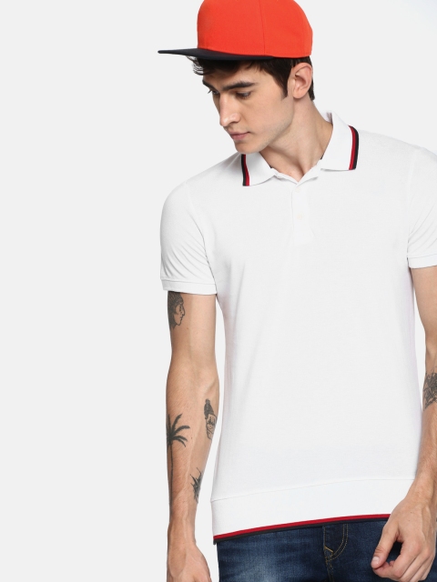 

SINGLE Men White Solid Polo Collar T-shirt