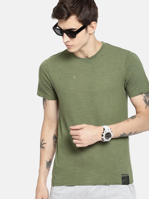 

SINGLE Men Olive Green Solid Round Neck T-shirt with Cut-Outs