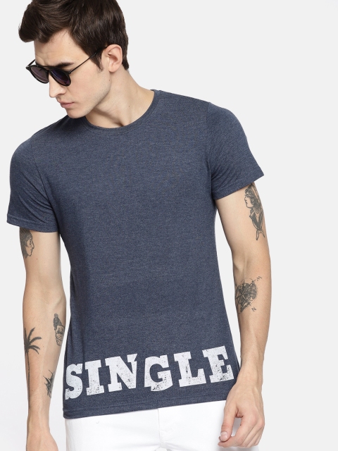 

SINGLE Men Navy Blue Printed Round Neck T-shirt