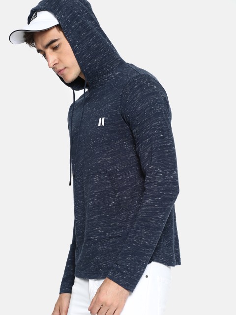 

SINGLE Men Navy Blue Solid Slim Fit Hooded T-shirt