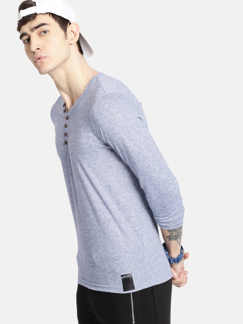 

SINGLE Men Blue Solid Henley Neck T-shirt