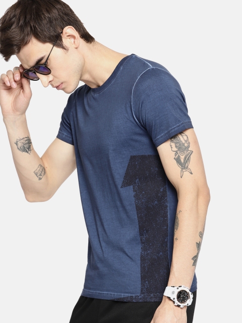 

SINGLE Men Blue Printed Round Neck T-shirt