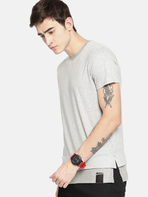 

SINGLE Men White & Grey Striped Round Neck T-shirt