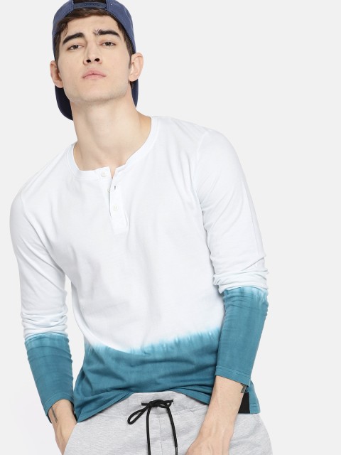 

SINGLE Men White & Blue Dyed Henley Neck Pure Cotton T-shirt
