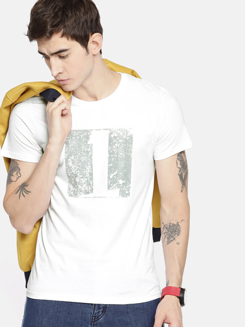 

SINGLE Men White Printed Round Neck T-shirt
