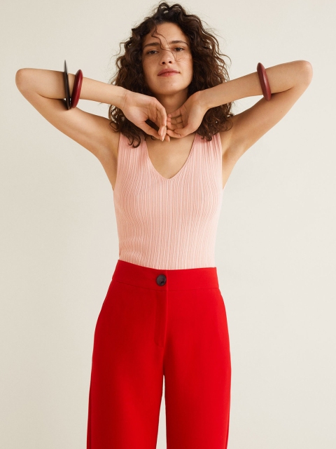 

MANGO Women Peach-Coloured Self-Striped Top