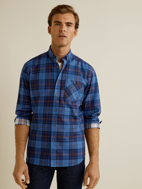 

MANGO MAN Men Blue & Brown Regular Fit Checked Casual Shirt