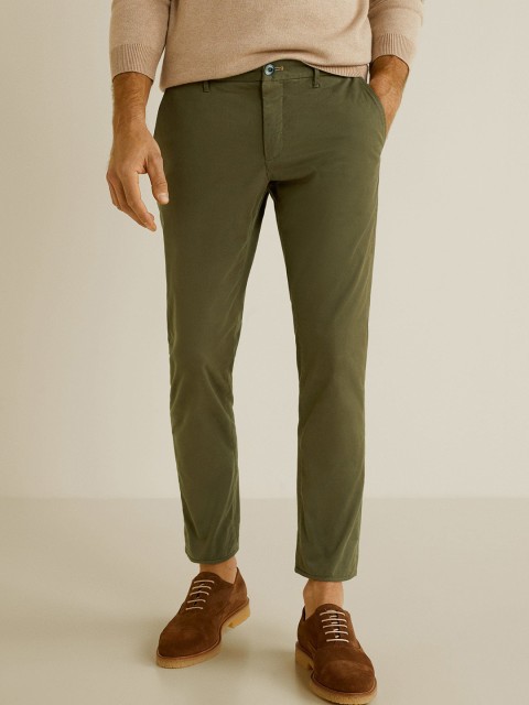 

MANGO MAN Men Olive Green Skinny Fit Solid Regular Trousers