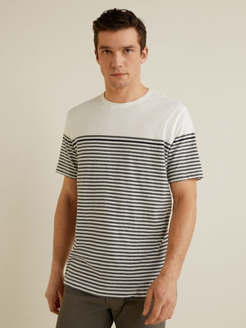 

MANGO MAN Men Black & White Striped Round Neck T-shirt