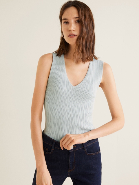 

MANGO Women Blue Self-Striped Fitted Top