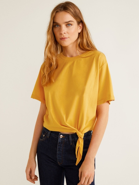 

MANGO Women Yellow Solid Pure Cotton Top with Front Tie-Up