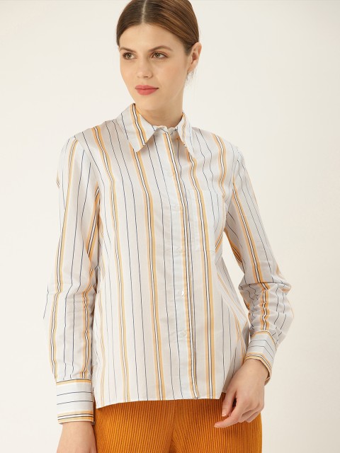 

MANGO Women White & Blue Regular Fit Striped Casual Shirt