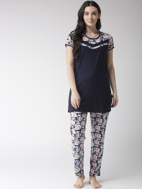 

MADAME M SECRET Women Navy Blue & White Solid Night suit S9S30101