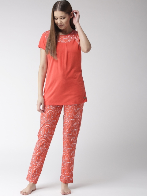 

MADAME M SECRET Women Coral Orange & White Night Suit S9S30058 029