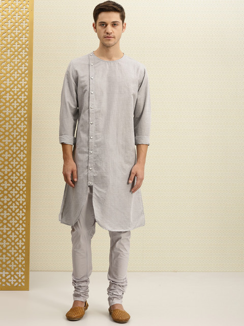 

House of Pataudi Men Grey Self Design Assymetrical Kurta with Churidar