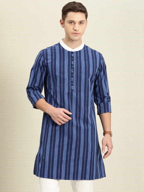 

House of Pataudi Men Blue Striped Straight Kurta