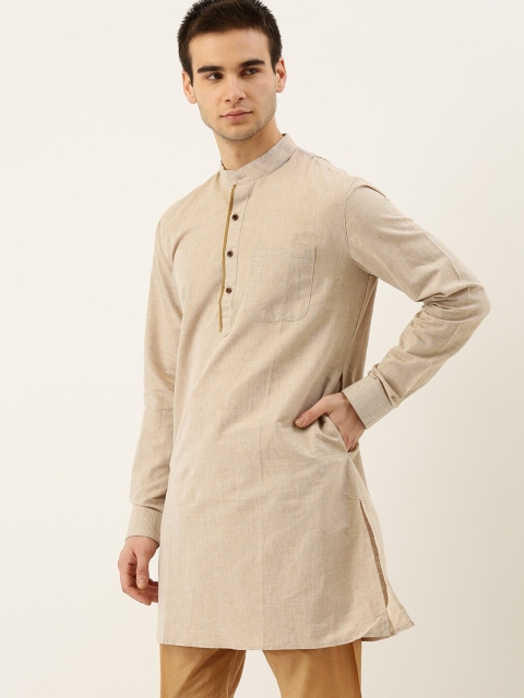 

House of Pataudi Men Beige Solid Cotton Linen Straight Kurta