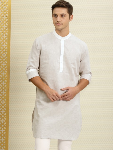 

House of Pataudi Men Light Grey Solid Linen Blend Straight Kurta