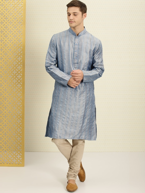 

House of Pataudi Men Blue & Grey Yarn Dyed Woven Striped Straight Kurta