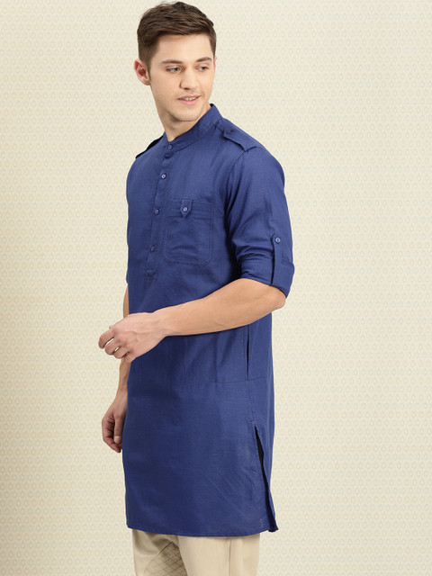 

House of Pataudi Men Parade Blue Solid Straight Kurta