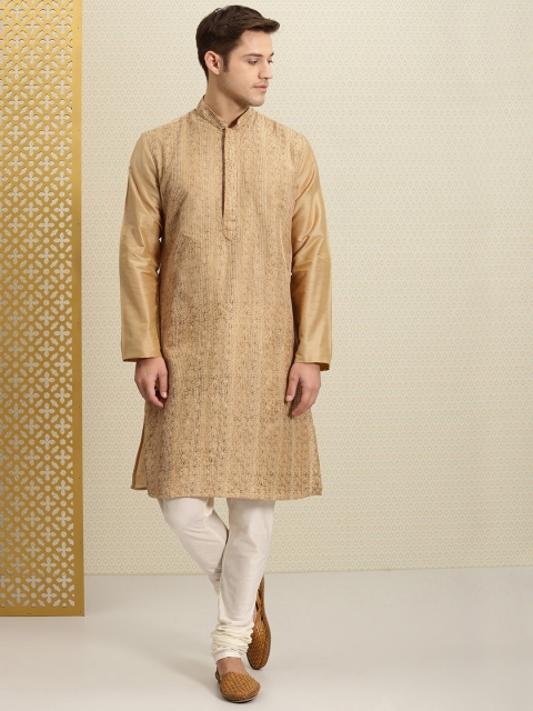 

House of Pataudi Men Beige Embroidered Straight Kurta