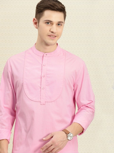 

House of Pataudi Men Rose Pink Solid Straight Bib Kurta