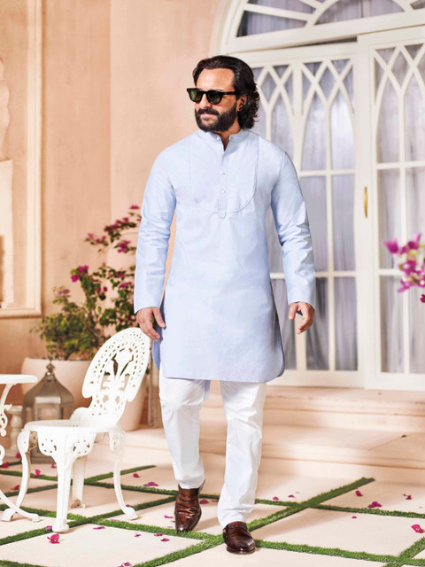 

House of Pataudi Men Powder Blue Solid Bib Kurta