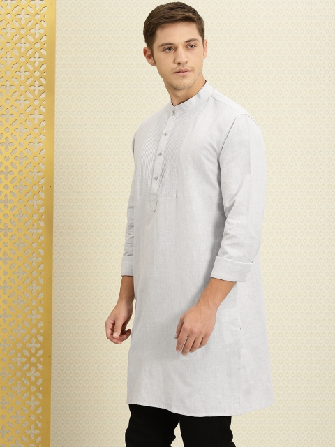 

House of Pataudi Men Grey Solid Linen Blend Pleated Bib Straight Kurta