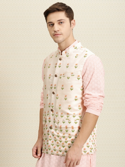 

House of Pataudi Men Cream-Coloured Printed Nehru Jacket