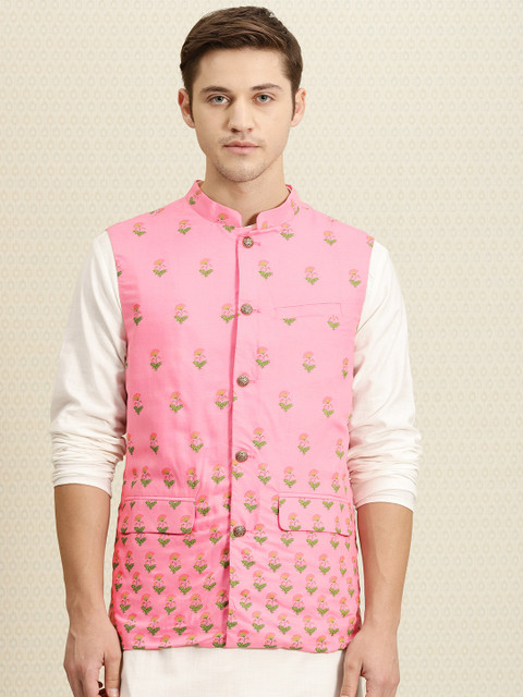

House of Pataudi Men Pink Floral Print Nehru Jacket