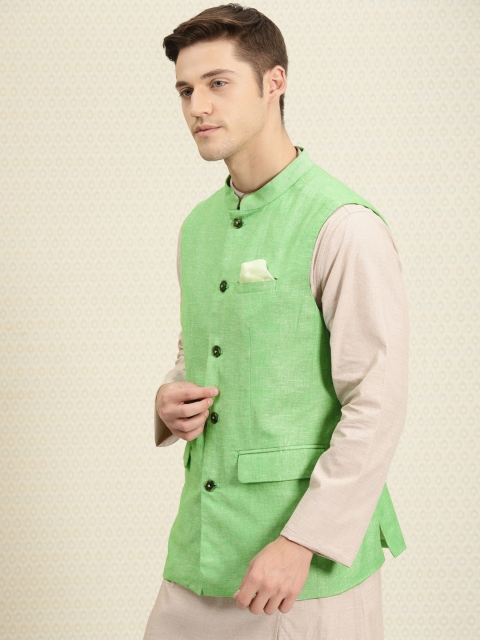 

House of Pataudi Men Green Linen Blend Nehru Jacket