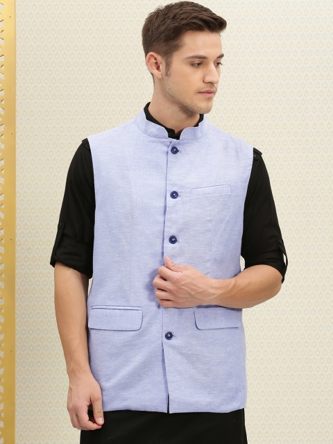 

House of Pataudi Men Blue Regular Fit Solid Nehru Jacket