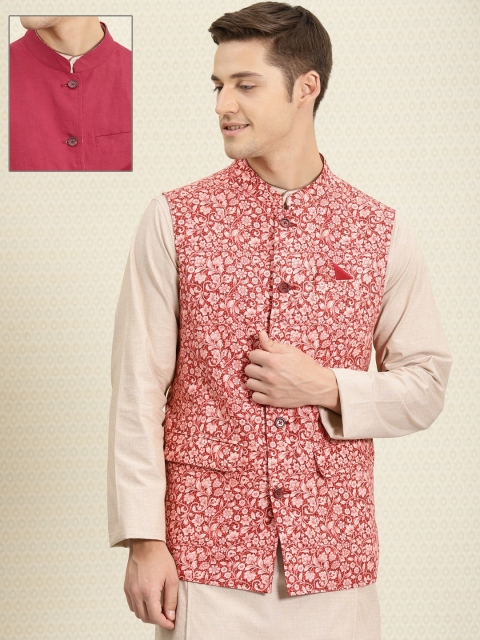 

House of Pataudi Men Red & White Printed Reversible Nehru Jacket