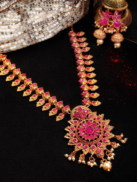 

Rubans Women Gold-Toned & Pink Ruby & Pearl Embellished Jewellery Set