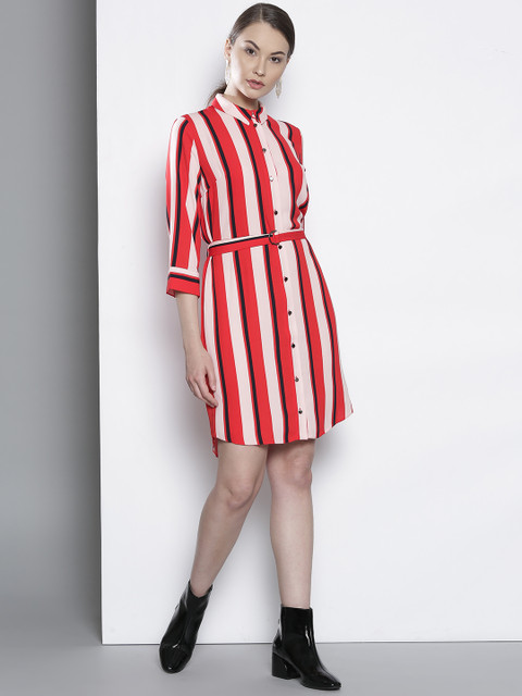 

DOROTHY PERKINS Women Red & Light Pink Striped Shirt Dress