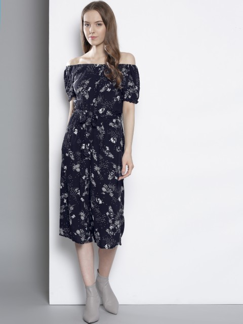

DOROTHY PERKINS Navy Blue & White Printed Culotte Jumpsuit