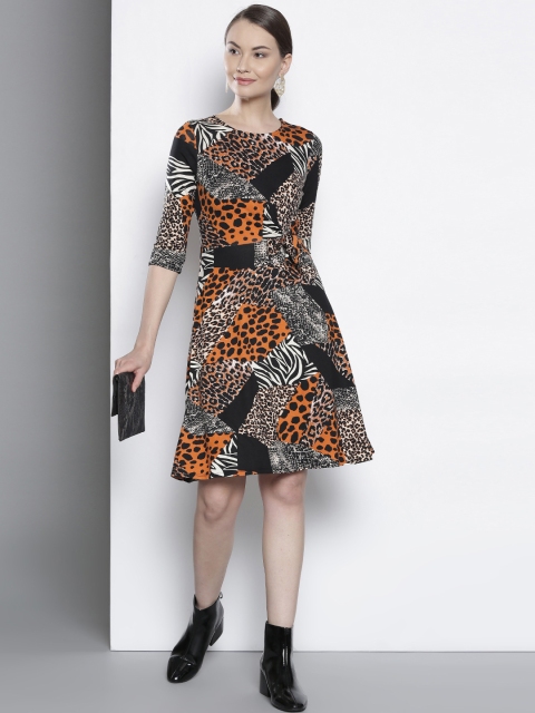 

DOROTHY PERKINS Women Petite Black & Rust Orange Animal Print Fit and Flare Dress