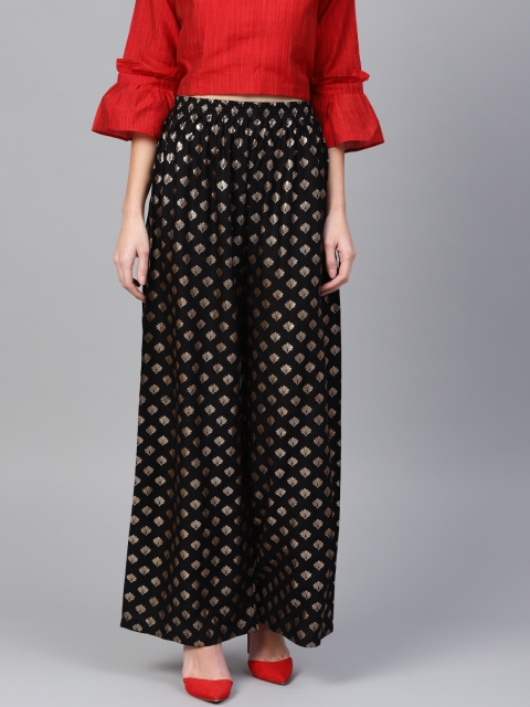 

Ishin Women Black & Golden Printed Wide Leg Palazzos