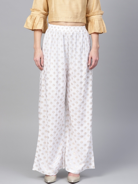 

Ishin Women White & Golden Wide Leg Printed Palazzos