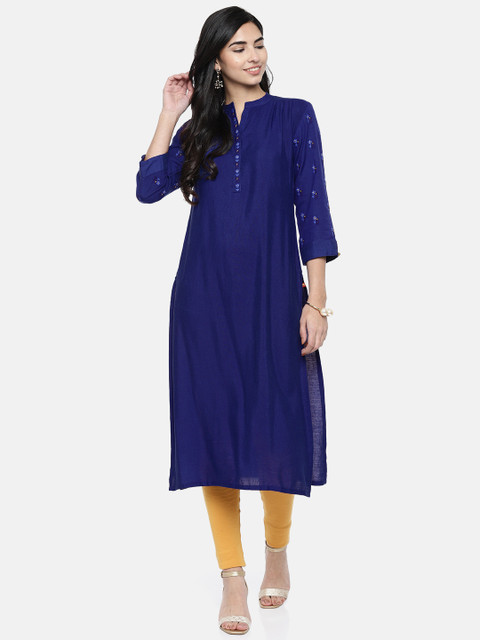 

Span Women Blue Embroidered A-Line Kurta