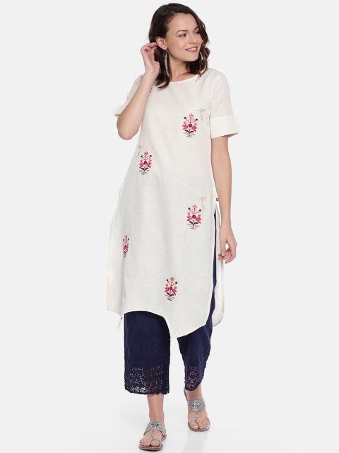 

Span Women Off-White Embroidered Straight Asymmetric Kurta