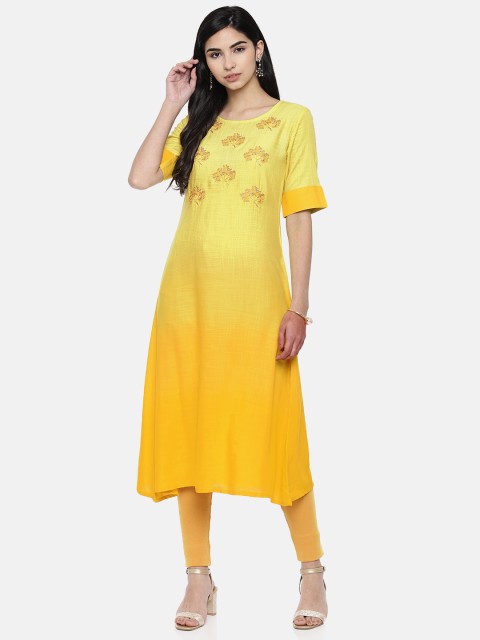 

Span Women Yellow Embroidered A-Line Kurta