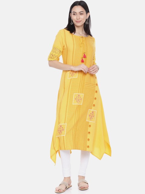 

Span Women Yellow Printed A-Line Kurta