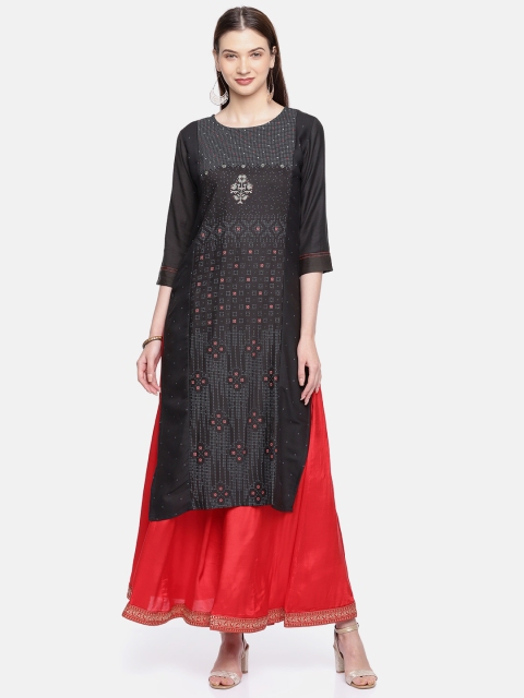 

Span Women Charcoal Grey Printed Straight Kurta