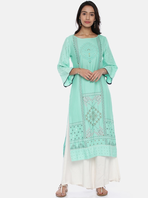 

Span Women Sea Green Printed Straight Kurta