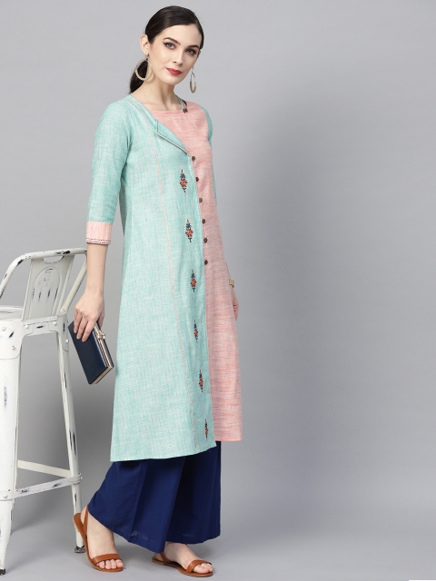

AKS Women Sea Green & Peach-Coloured Colourblocked Khadi A-Line Kurta